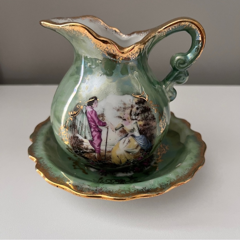 3/$30 Vintage Japanese Green Creamer and Saucer with lovely  Design